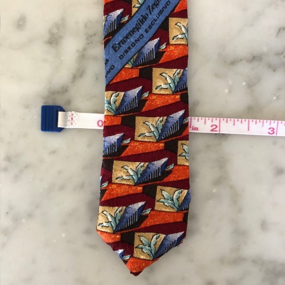 ERMENEGILDO ZEGNA Silk Leaf Geo Block Orange Blue Red Tie - Picture 14 of 15